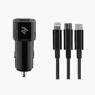 2E Набір Автомобільний ЗП 2хUSB 2.4A + кабель 3в1 Lightning/microUSB/Type-C) Black