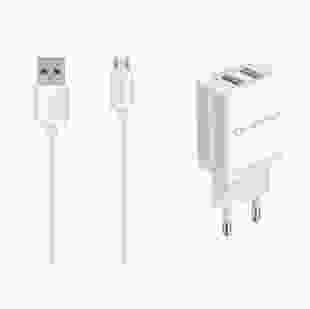 Мережевий зарядний пристрій Florence 2USB 2A + microUSB White (FL-1021-WM)